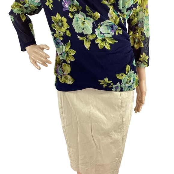 Coldwater Creek Navy Floral Faux Wrap Blouse 3/4 Sleeve Size M - Picture 3 of 7